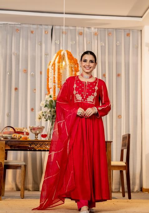 Red Embroidered Silk Kurta Set