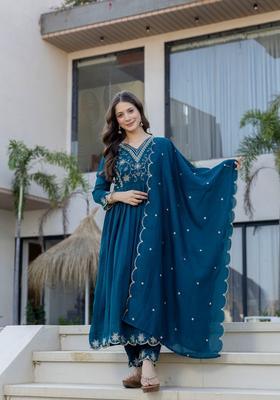 Blue Embroidered Silk Kurta Set