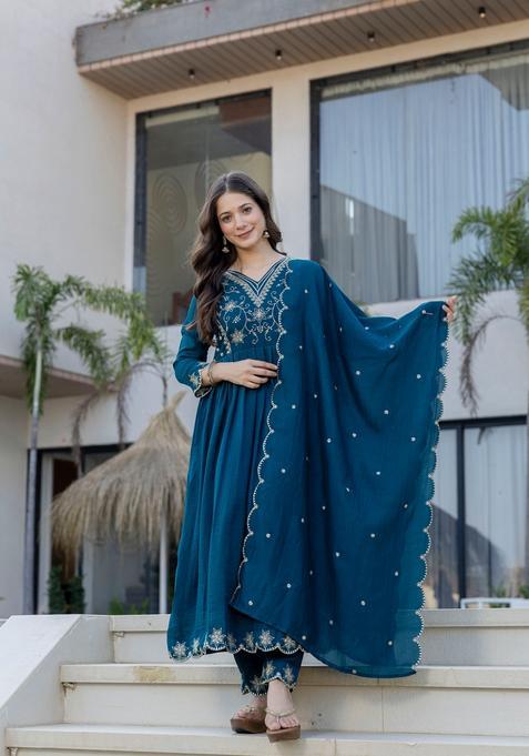Blue Embroidered Silk Kurta Set
