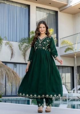 Green Embroidered Silk Kurta Set