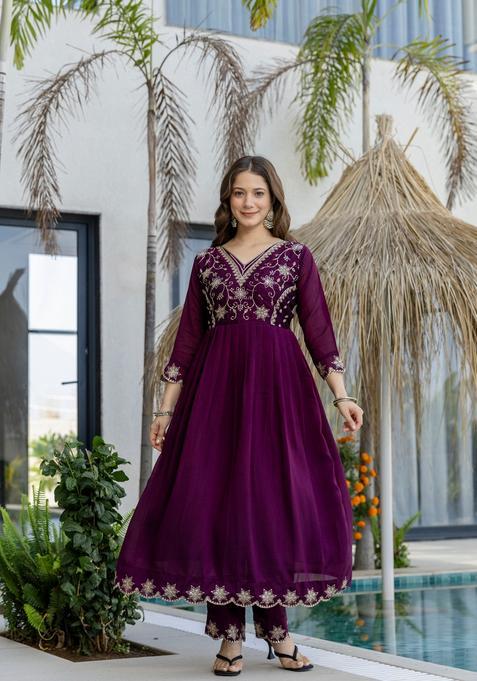 Purple Embroidered Silk Kurta Set