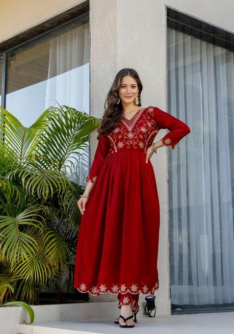 Red Embroidered Silk Kurta Set