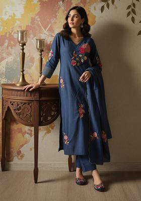 Blue Embroidered Silk Kurta Set