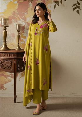Yellow Embroidered Silk Kurta Set