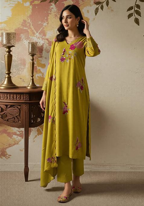 Yellow Embroidered Silk Kurta Set