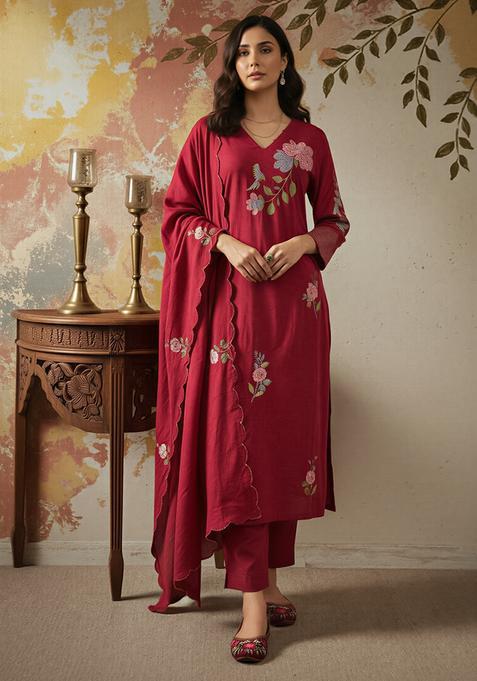 Red Embroidered Silk Kurta Set