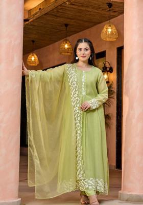 Green Embroidered Silk Kurta Set