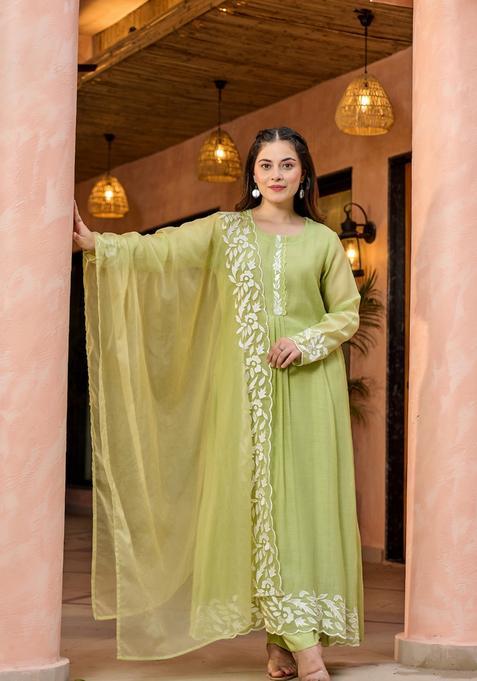 Green Embroidered Silk Kurta Set
