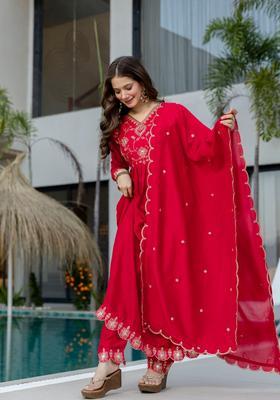 Red Embroidered Silk Kurta Set