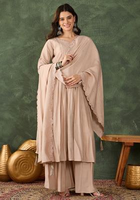 Cream Embroidered Silk Kurta Set