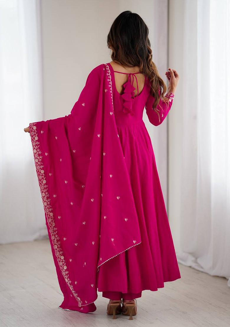 Rani Pink Lace Work Chanderi Anarkali Set - Indya