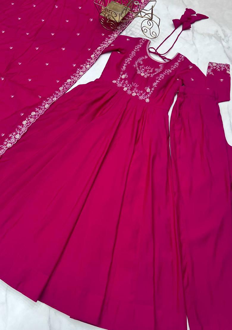 Rani Pink Lace Work Chanderi Anarkali Set - Indya