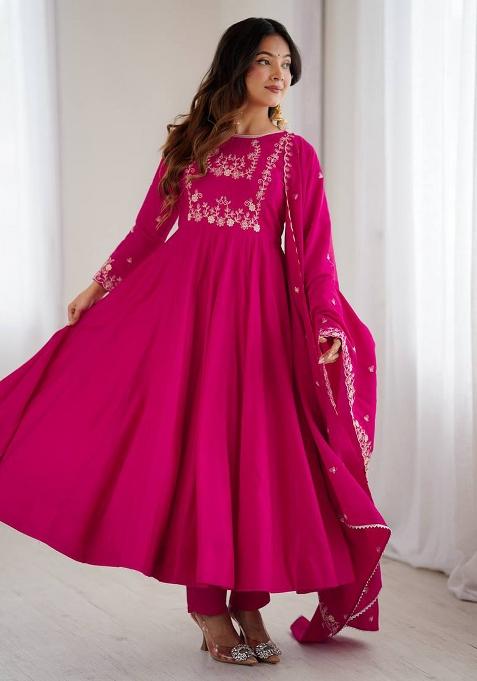 Rani Pink Lace Work Chanderi Anarkali Set