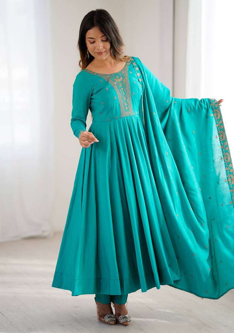 Sky Blue Lace Work Chanderi Anarkali Set - Indya