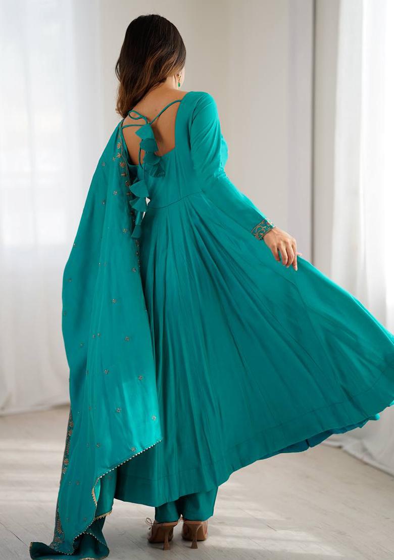 Sky Blue Lace Work Chanderi Anarkali Set - Indya