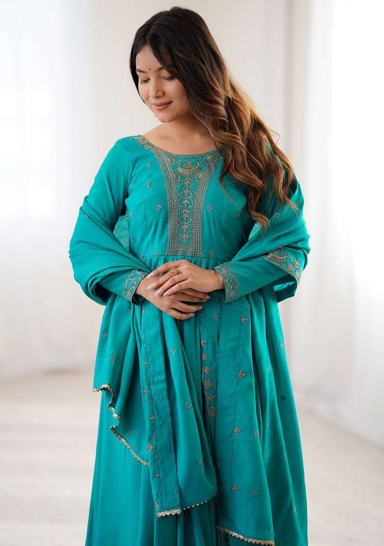 Sky Blue Lace Work Chanderi Anarkali Set - Indya