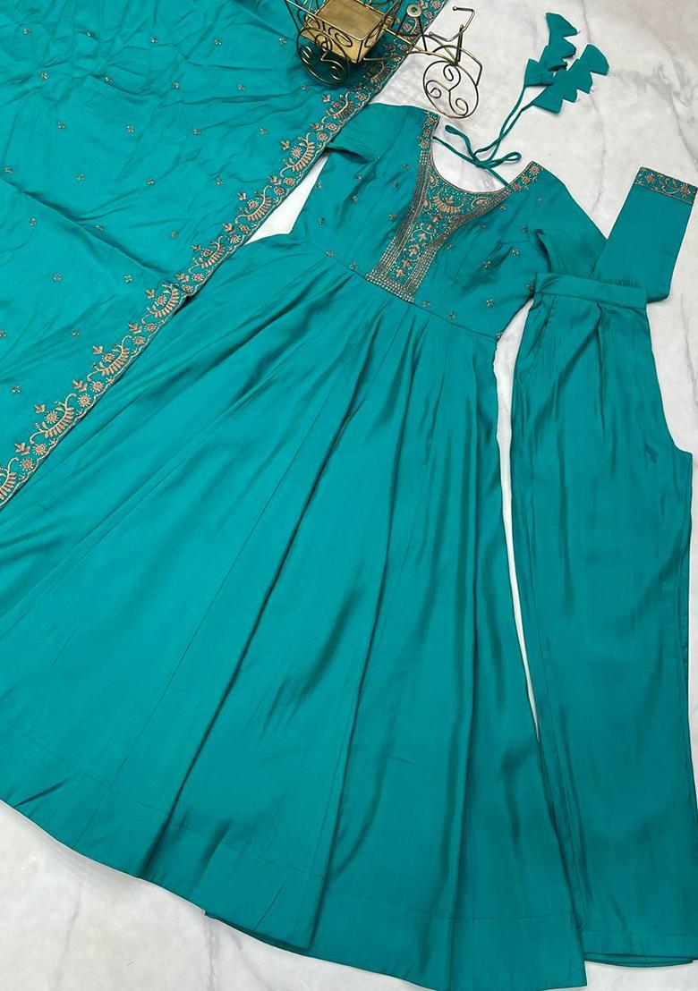 Sky Blue Lace Work Chanderi Anarkali Set - Indya