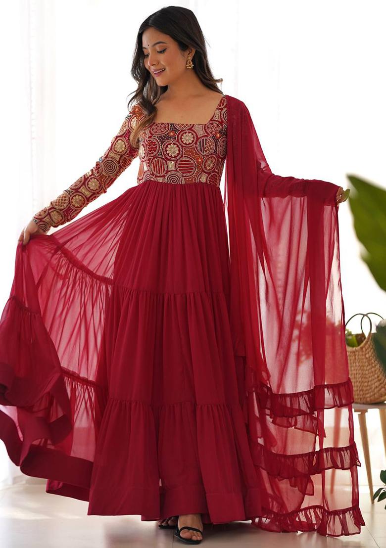 Red Embroidered Georgette Anarkali Set - Indya