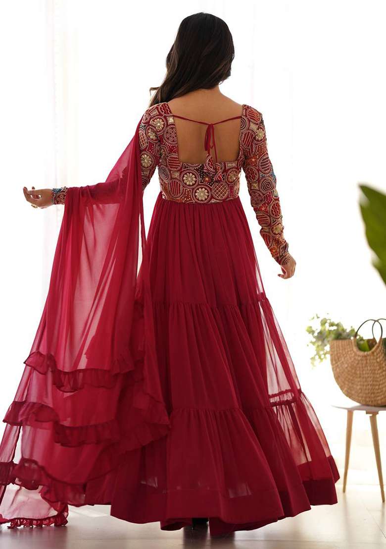 Red Embroidered Georgette Anarkali Set - Indya