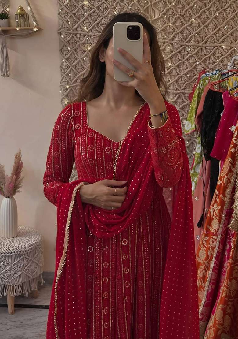 Red Sequins Faux Blooming Anarkali Set - Indya