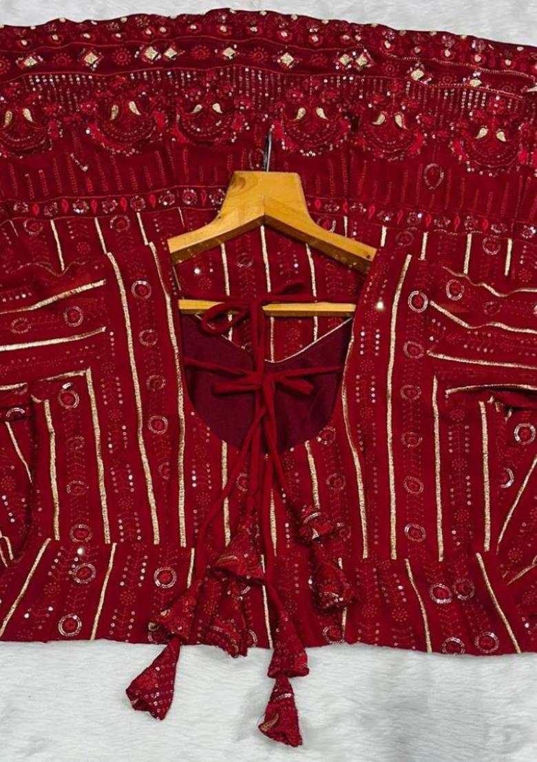 Red Sequins Faux Blooming Anarkali Set - Indya