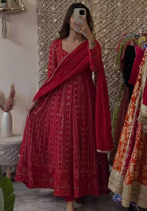 Red Sequins Faux Blooming Anarkali Set