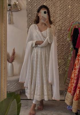 Off-White Sequins Faux Blooming Anarkali Set