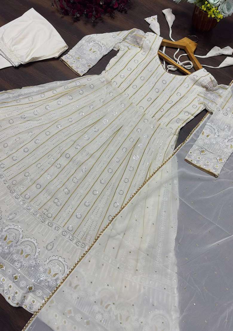 Off-White Sequins Faux Blooming Anarkali Set - Indya