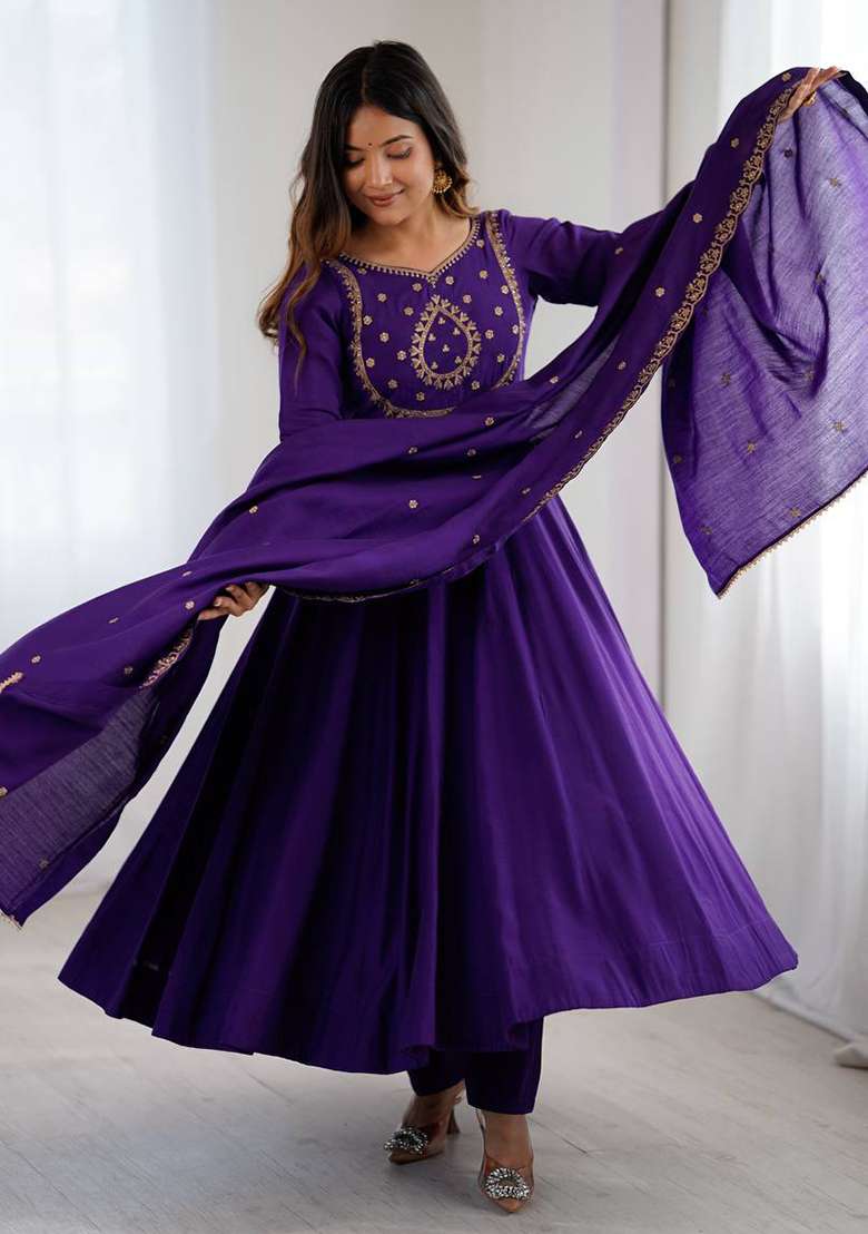 Purple Beads Work Silk Anarkali Set - Indya