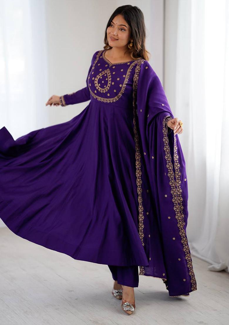 Purple Beads Work Silk Anarkali Set - Indya