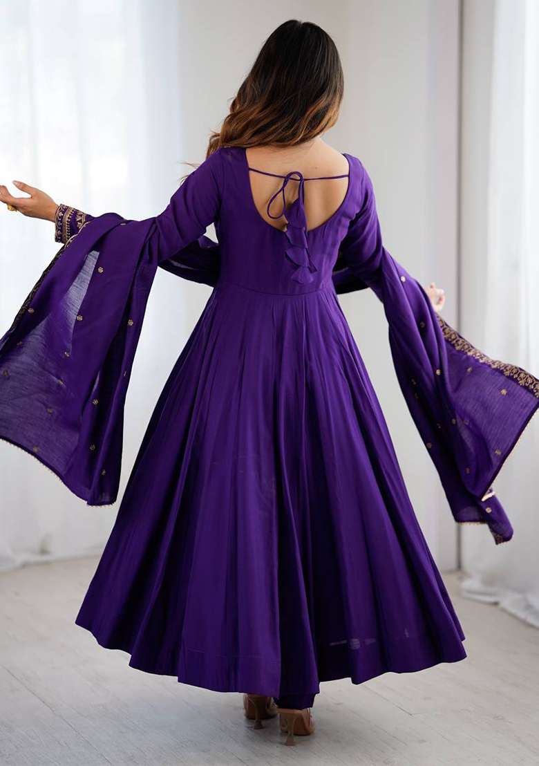 Purple Beads Work Silk Anarkali Set - Indya