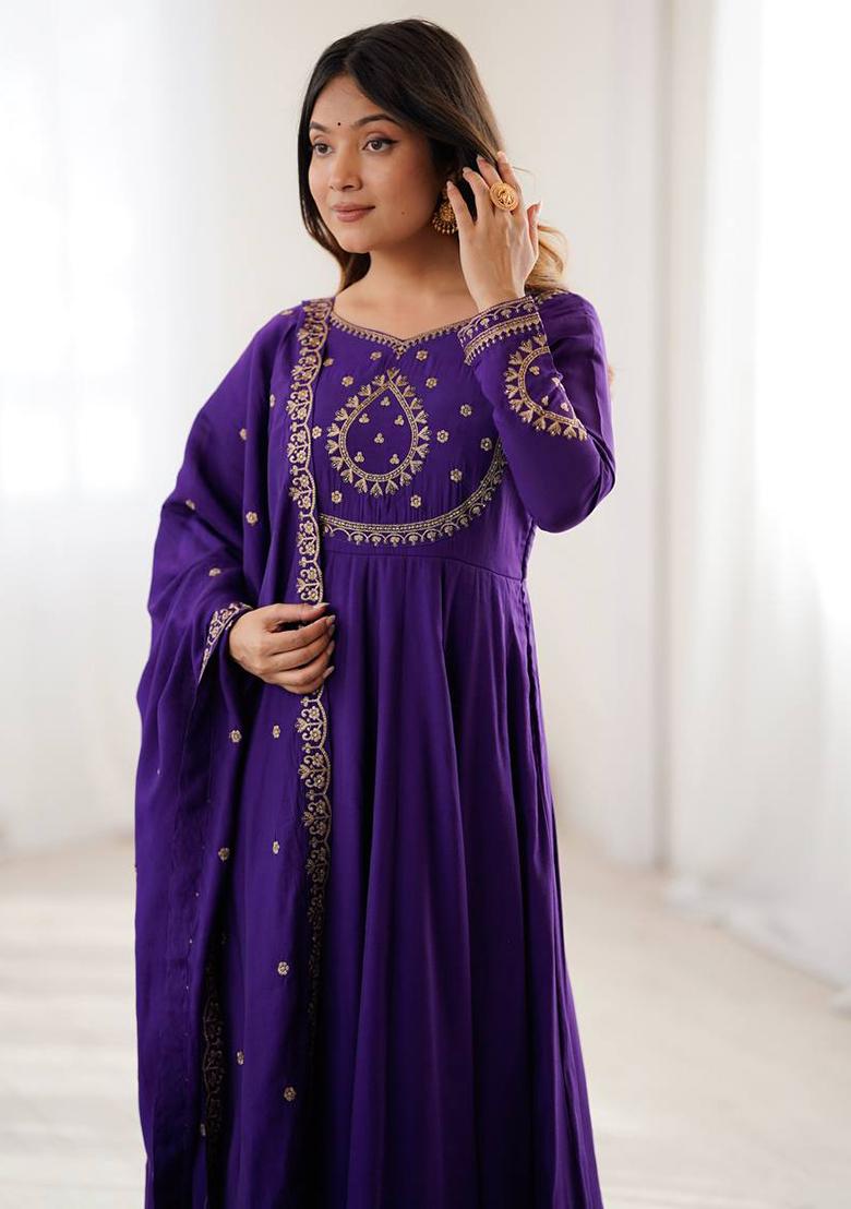 Purple Beads Work Silk Anarkali Set - Indya