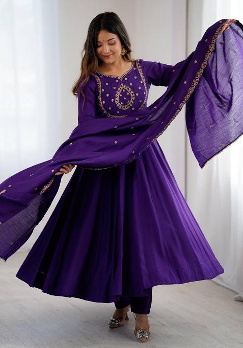 Purple Beads Work Silk Anarkali Set