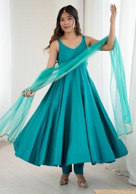 Teal Lace Work Silk Anarkali Set
