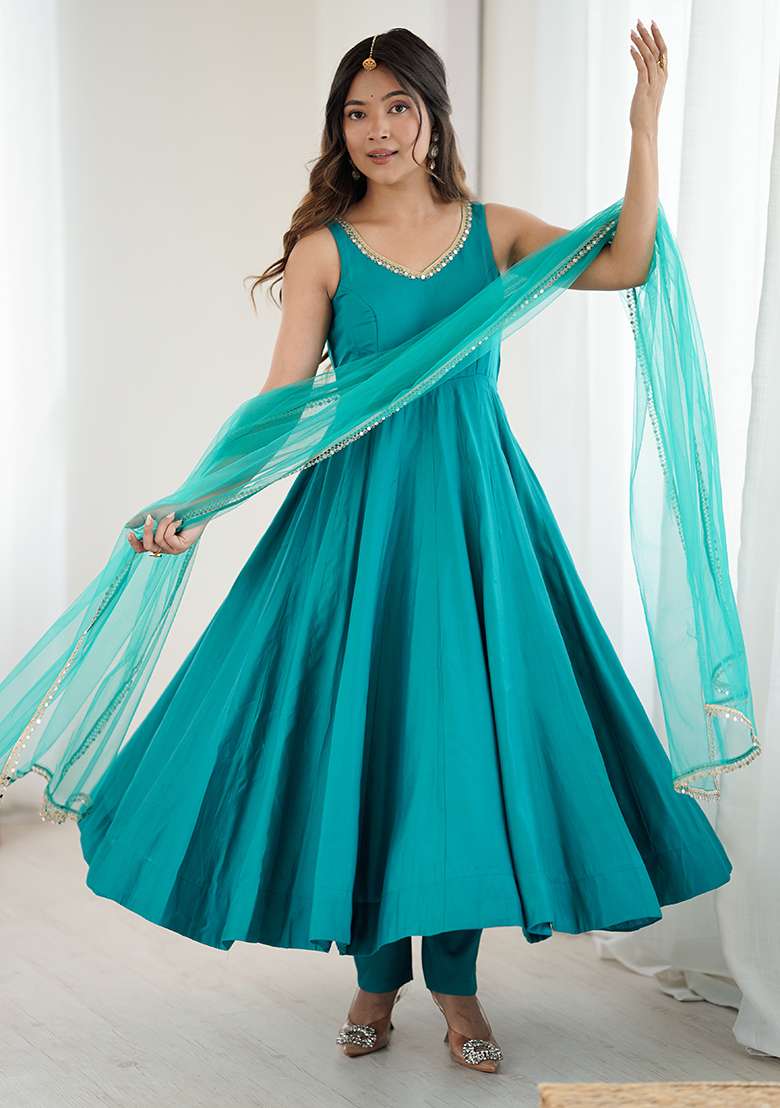 Teal Lace Work Silk Anarkali Set - Indya