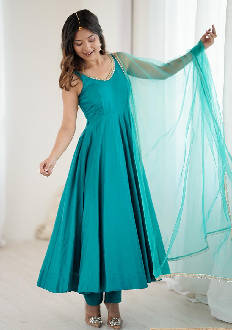 Teal Lace Work Silk Anarkali Set - Indya