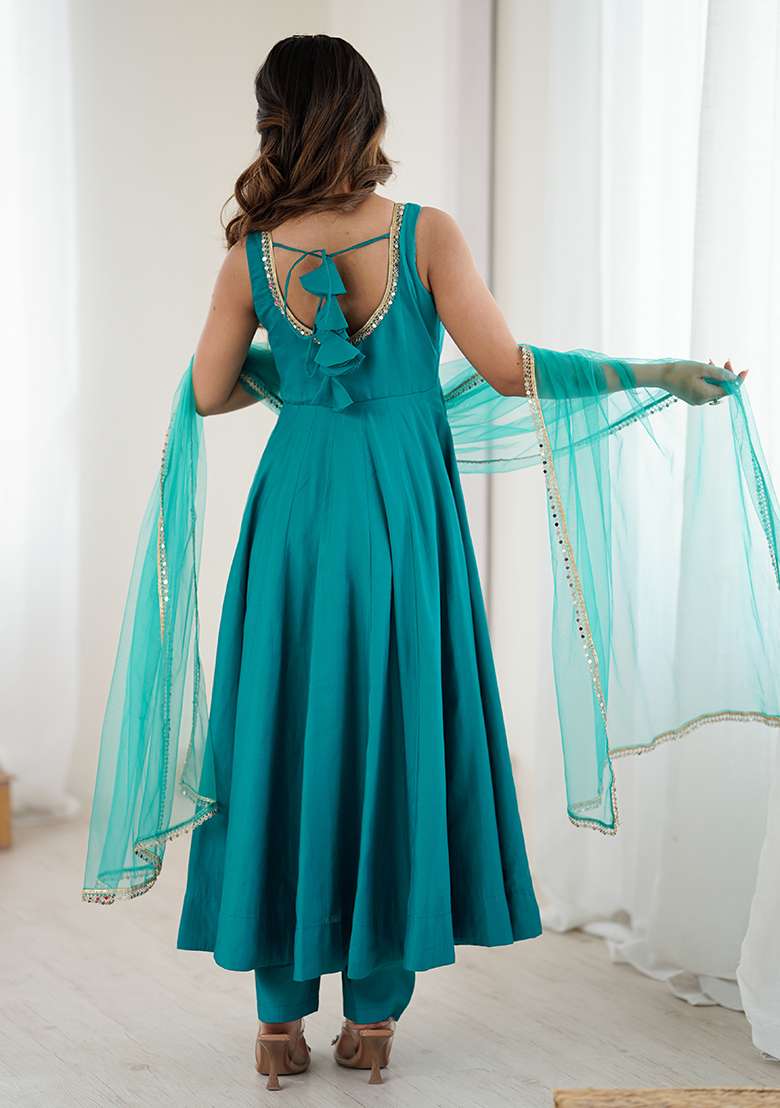 Teal Lace Work Silk Anarkali Set - Indya