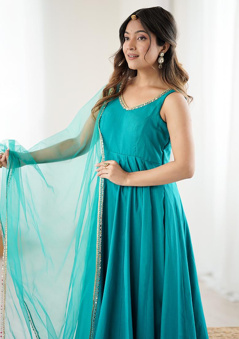 Teal Lace Work Silk Anarkali Set - Indya