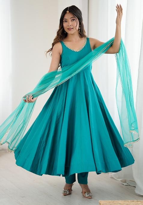 Teal Lace Work Silk Anarkali Set