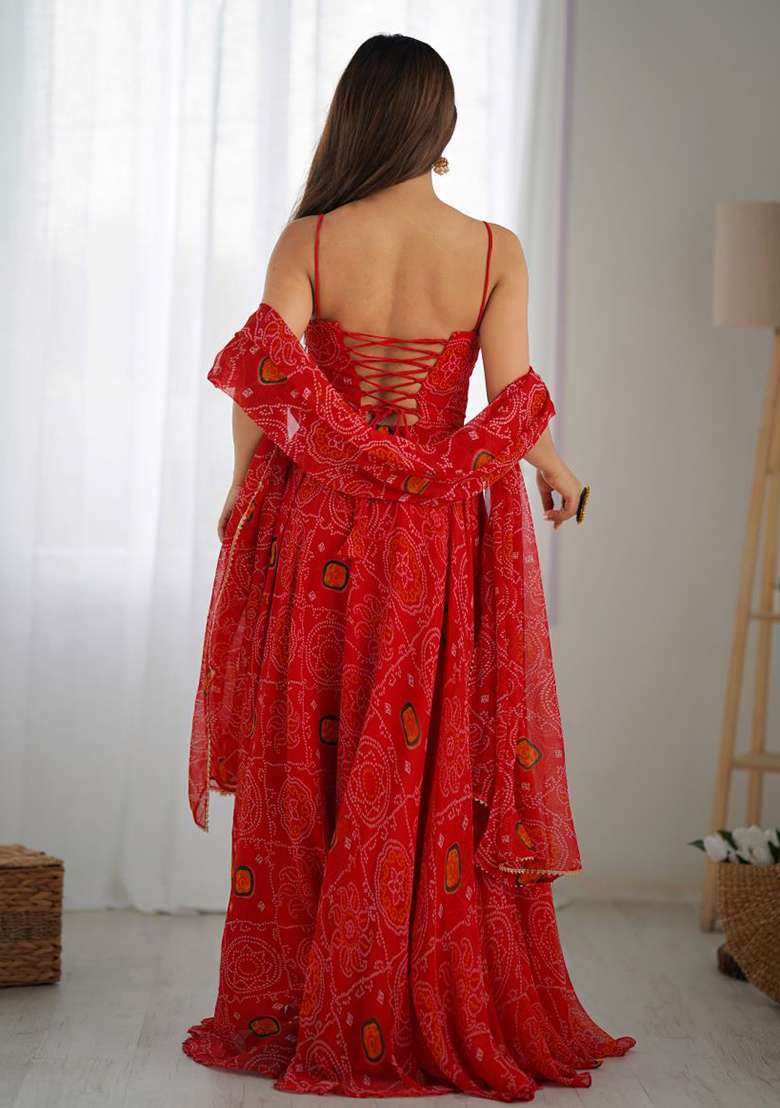 Red Bandhani Chiffon Anarkali Set - Indya