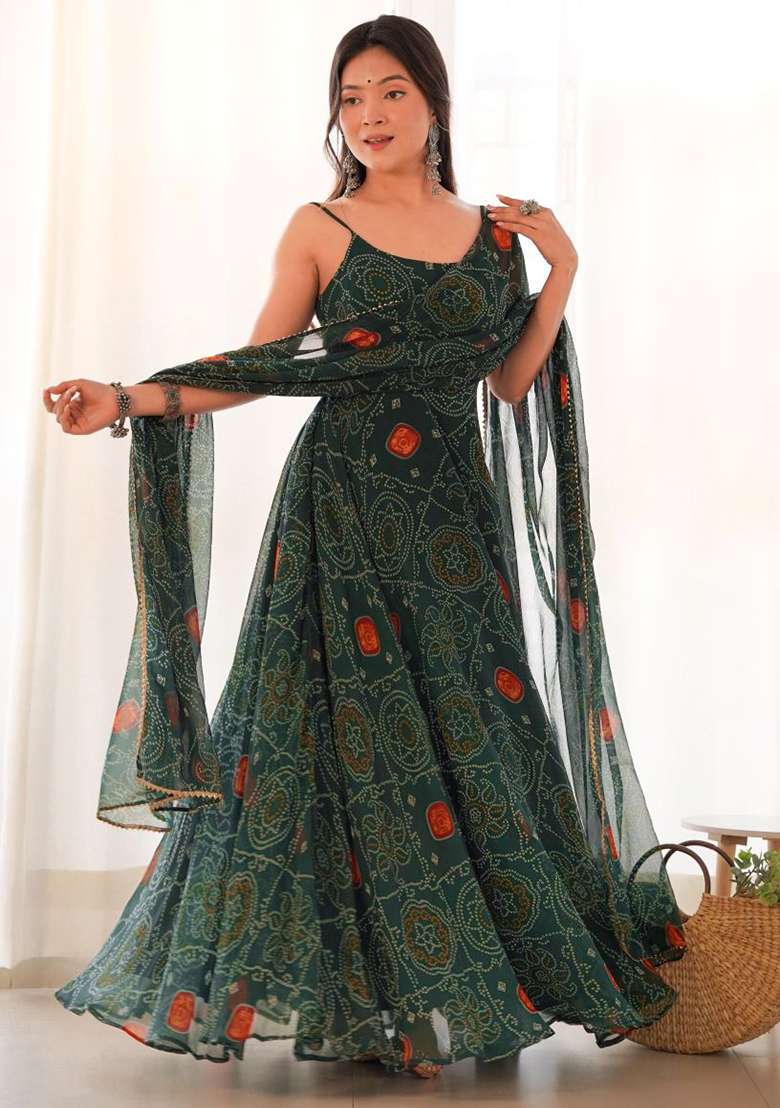 Dark Green Printed Chiffon Anarkali Set - Indya