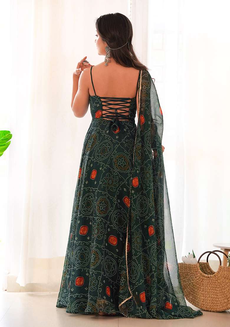 Dark Green Printed Chiffon Anarkali Set - Indya
