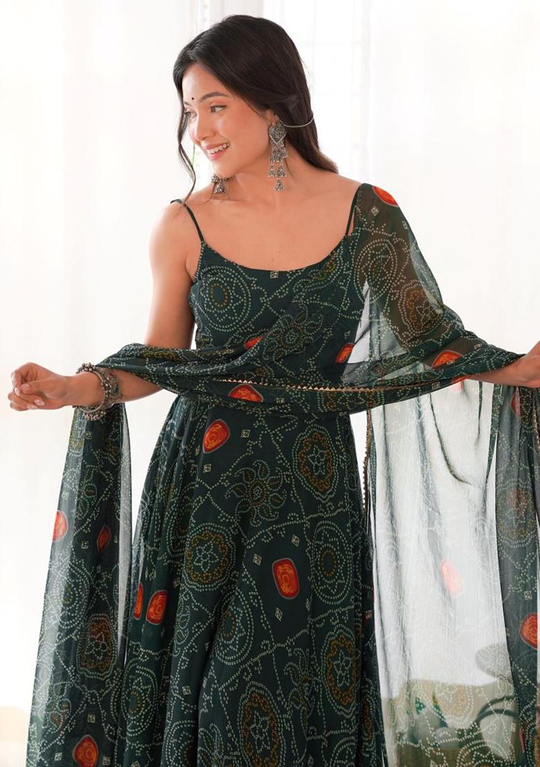 Dark Green Printed Chiffon Gown - Indya
