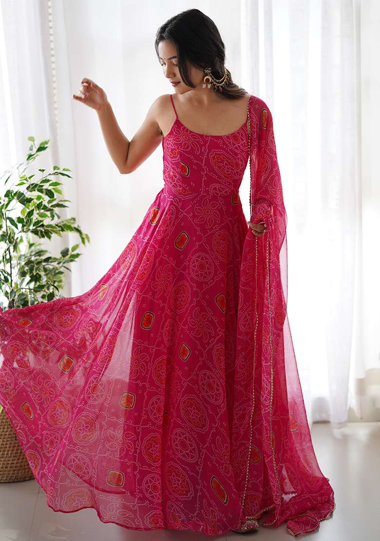 Pink Bandhani Chiffon Anarkali Set - Indya