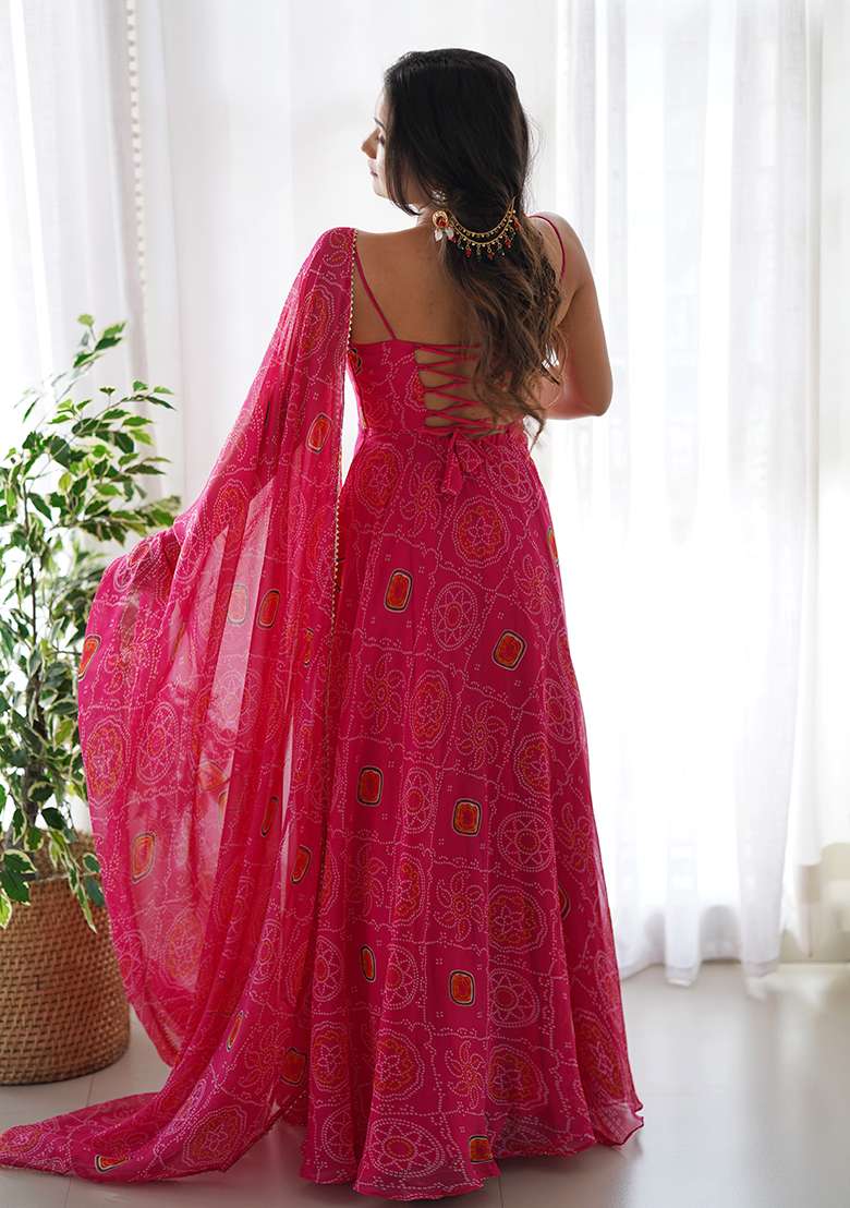 Pink Bandhani Chiffon Anarkali Set - Indya