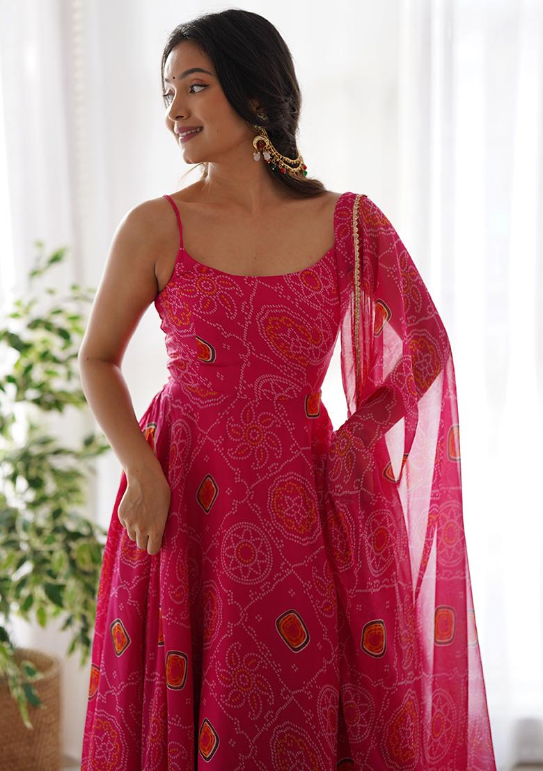 Pink Printed Chiffon Gown - Indya