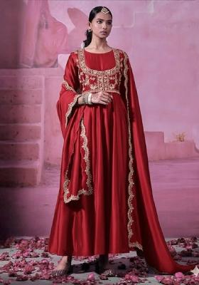 Red Embroidered Silk Blend Anarkali Set