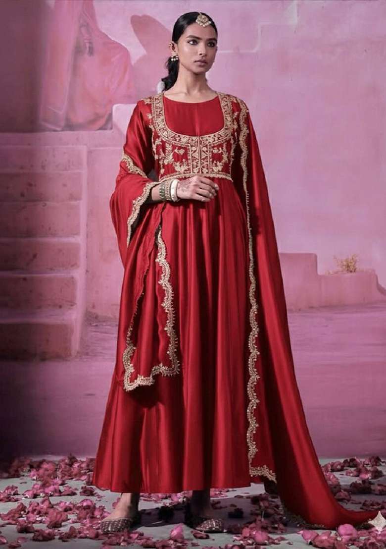 Red Embroidered Silk Blend Anarkali Set - Indya