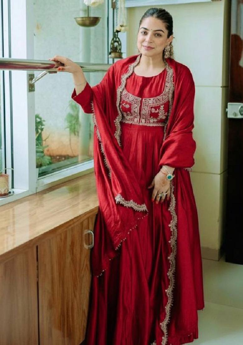 Red Embroidered Silk Gown - Indya