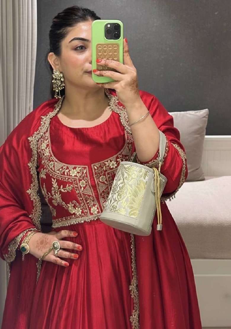 Red Embroidered Silk Blend Anarkali Set - Indya